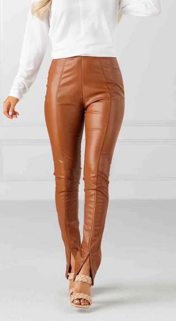 High Waisted Faux Leather Front Slit Pants Camel  Medium NWT